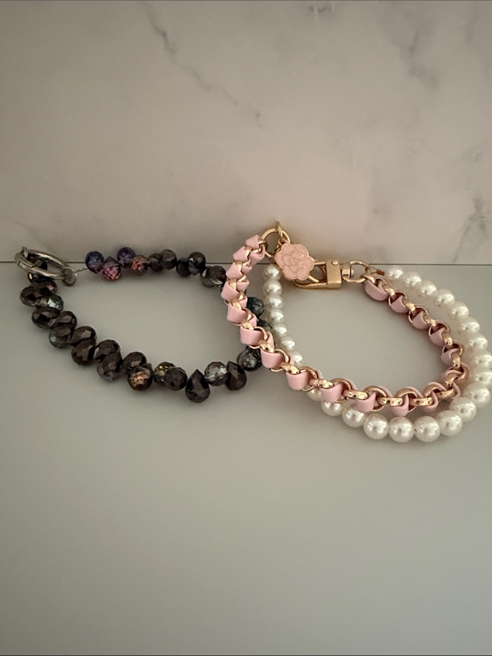 2 Keychains Pink Leather Chain & Pearl Multi Strand